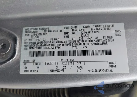 2020 Ford Escape S из США, поврежденный, VIN 1FMCU0F68LUA35701